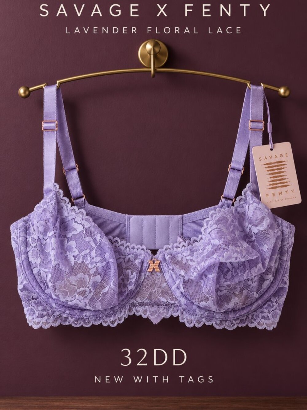 NWT Savage X Fenty Lavender Floral Lace Underwire Bra 32DD